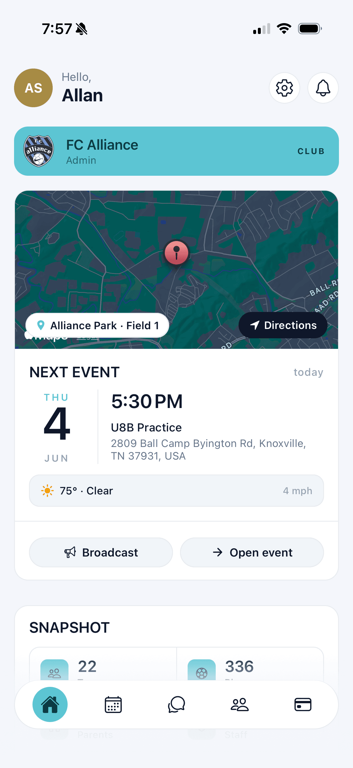 The Athleit club dashboard on mobile — Riverside FC overview with registrations, payments, and team activity.